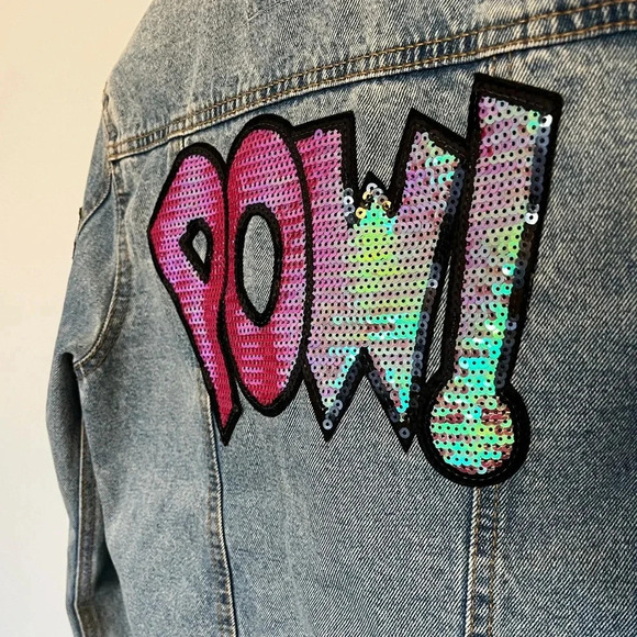 DD77 jeans jacket custom made POW💥 diamond and cat  sequin patches sz small - Picture 4 of 9